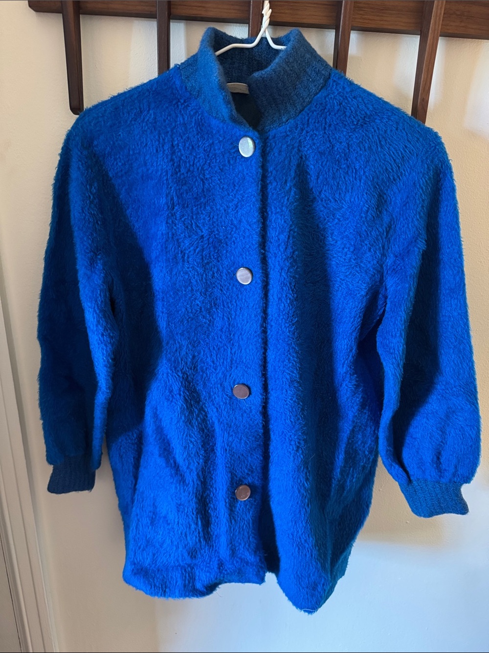 Vintage c. 1950s or 60s Blue Women's Fuzzy Button-Up Sweater Teddy Jacket